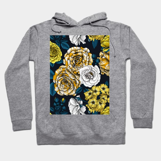 Yellow, white and bi-color roses with blue leaves on black Hoodie by katerinamk